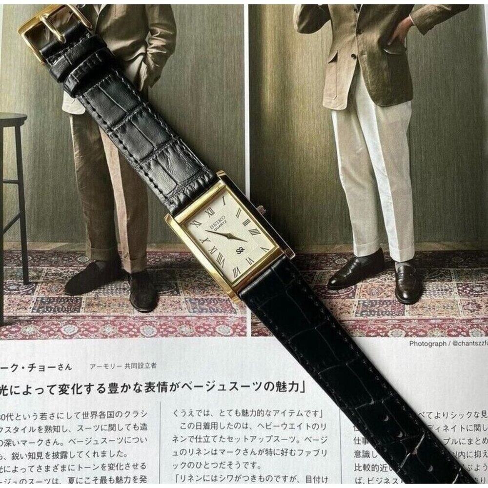 Vintage Style Seiko Quartz Mens Gold Watch & White accents W/ Leather Strap - Picture 5 of 5